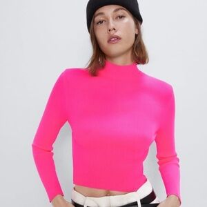 Zara Neon Pink Bold Ribbed Turtleneck Stretch Long Sleeve Top Women's Size Small